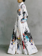 Split-Joint Printed Pockets Pleated Buttoned Loose Long Sleeves Stand Collar Shirt Dress Maxi Dresses