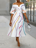 Half Sleeves High Waisted Elasticity Printed Off-The-Shoulder Midi Dresses