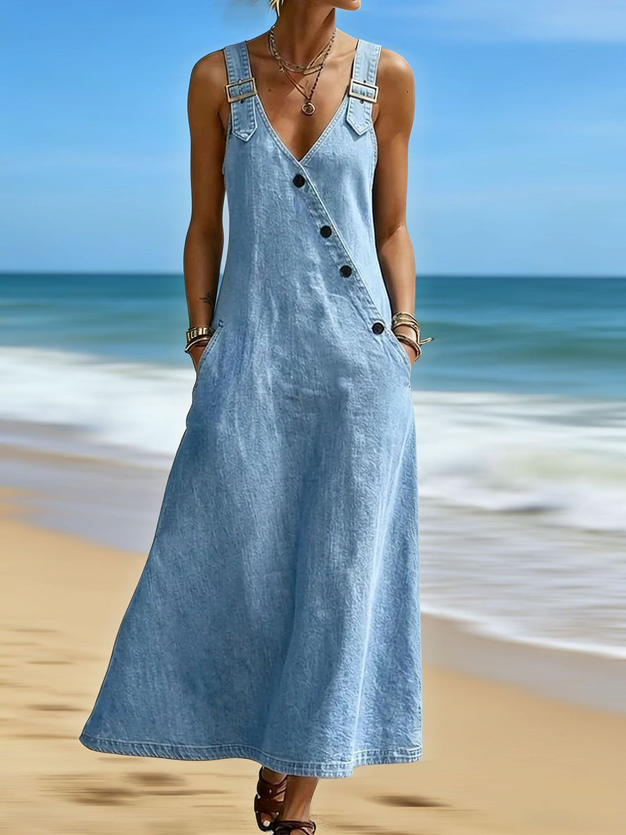 Solid Color Pockets Buttoned Asymmetric Sleeveless Loose Adjustable Straps Midi Dresses