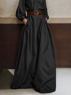 Solid Color No Belt Buttoned Wide Leg Loose V-neck Jumpsuits