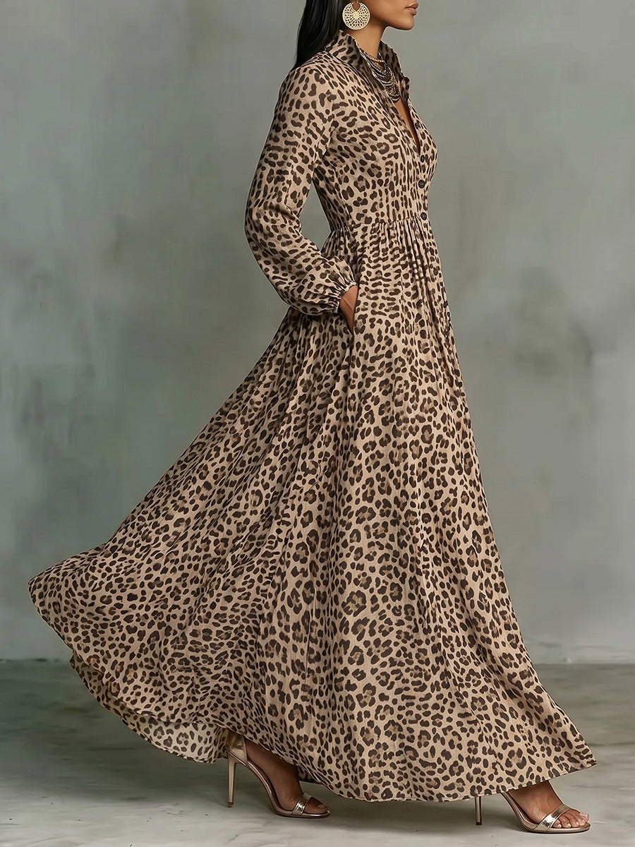 Pockets Pleated Leopard Contrast Color Buttoned Long Sleeves A-Line Lapel Maxi Dresses
