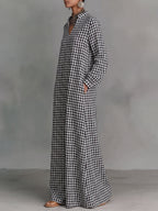 Pockets Plain Contrast Color Puff Sleeves Loose V-neck Maxi Dresses