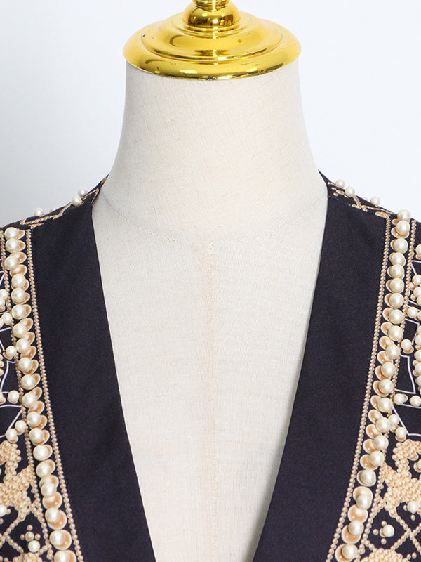 Long Sleeves Loose Beads Printed V-Neck Blazer Outerwear(Size is larger than normal.)
