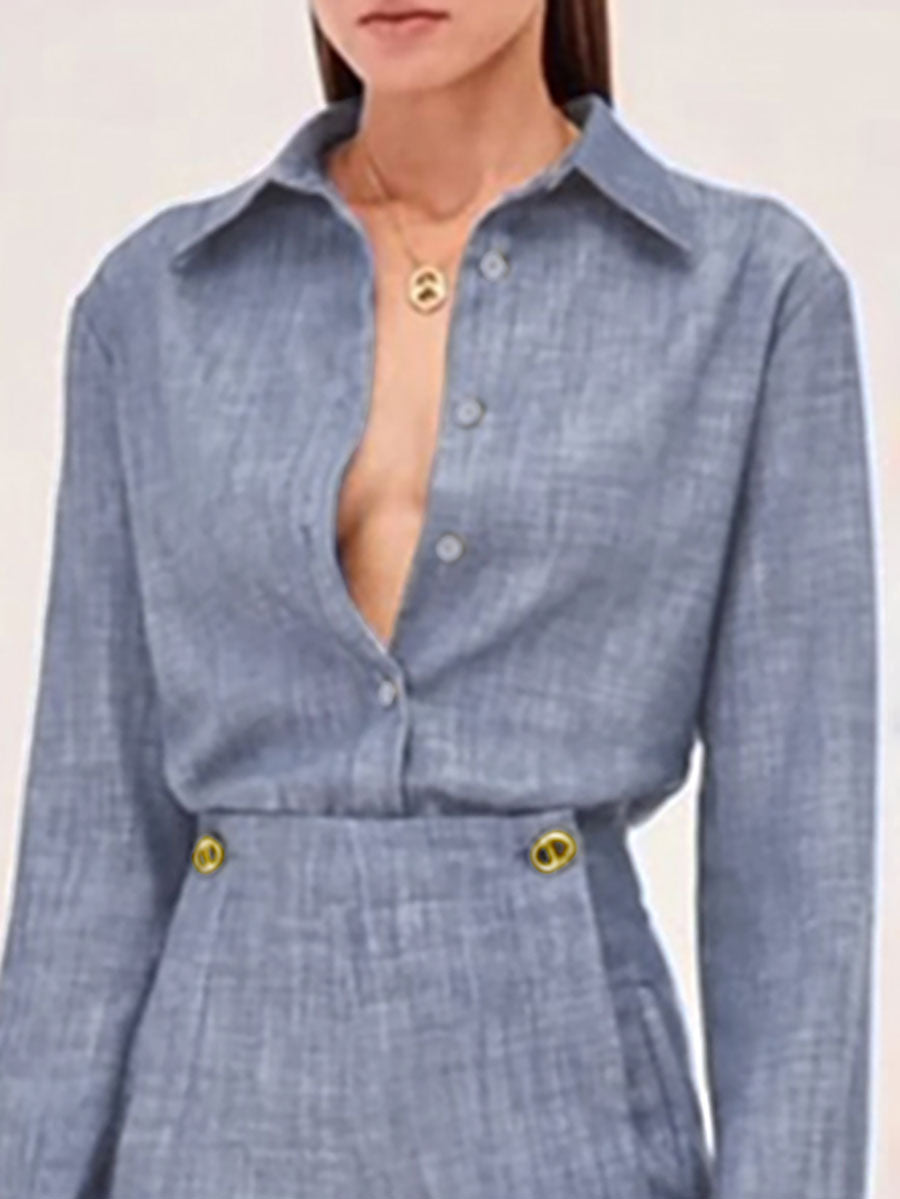 Long Sleeves Solid Color Split-Joint Lapel Blouses&Shirts Tops