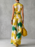 Tied Printed Knot Contrast Color Sleeveless V-Neck Blouses&Shirts Tops