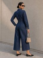 Zipper Split-Joint Solid Color Pockets Wide Leg Long Sleeves Lapel Jumpsuits