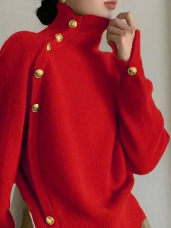 Long Sleeves Loose Beaded Solid Color Split-Side High Neck Sweater Tops