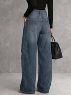 Pockets Hollow Flower Print Buttoned Wide Leg High Waisted Trousers Jean Pants Bottoms