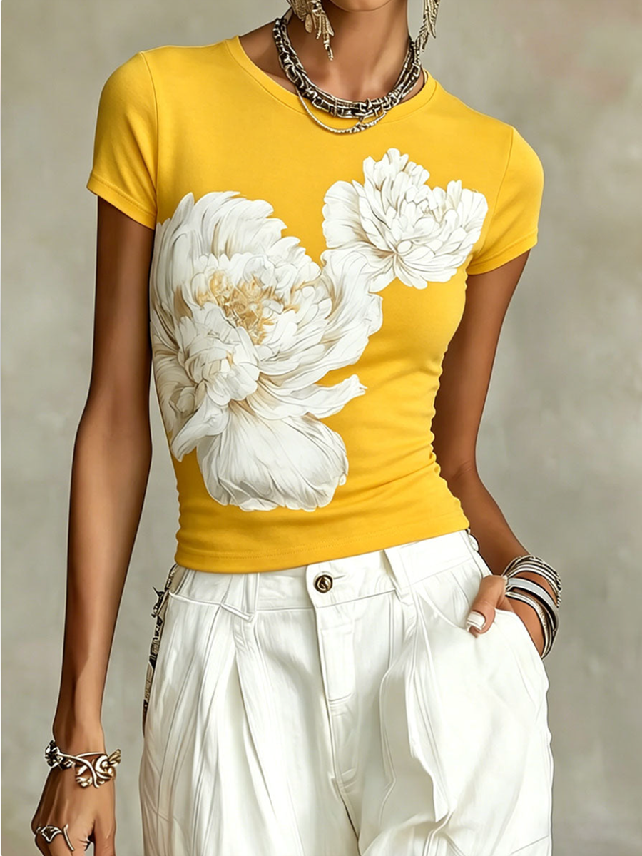 Flower Print Contrast Color Short Sleeves Round-Neck T-Shirts Tops