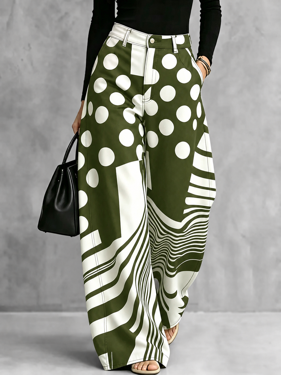 Zipper Striped Polka-Dot Pockets Contrast Color Buttoned Wide Leg Loose Trousers Pants