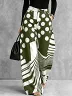 Zipper Striped Polka-Dot Pockets Contrast Color Buttoned Wide Leg Loose Trousers Pants