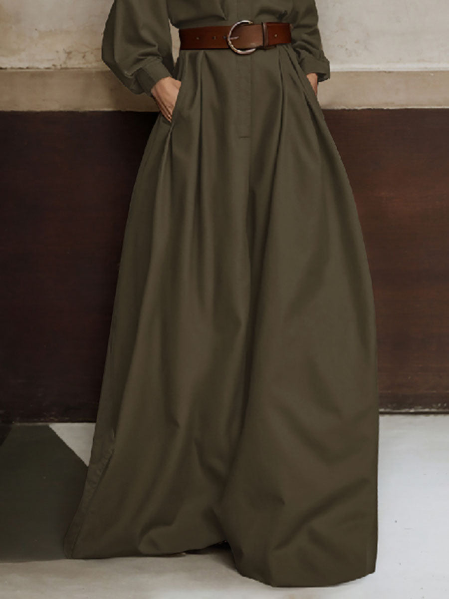 Solid Color No Belt Buttoned Wide Leg Loose V-neck Jumpsuits