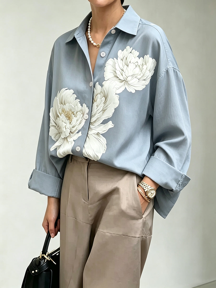 Flower Print Buttoned Loose Long Sleeves Lapel Blouses&shirts Tops