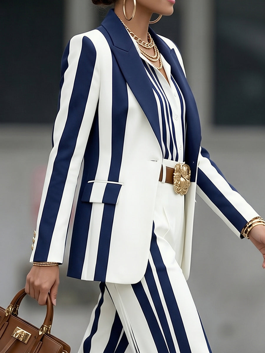 Striped Contrast Color Buttoned Long Sleeves Notched Collar Outerwear Blazer