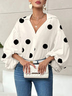 Long Sleeves Loose Contrast Color Pleated Polka Dot Split-Joint Lapel Blouses&Shirts Tops