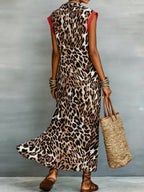 A-Line Loose Buttoned Contrast Color Leopard Split-Front Lapel Maxi Dresses Shirt Dress
