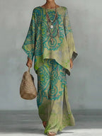 Contrast Color Printed Round-neck Long Sleeves Blouses&shirts Tops + High Waisted Pants Trousers Two Pieces Set