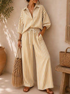 Loose Contrast Color Striped Long Sleeves Buttoned Lapel Blouses&shirts Tops + Drawstring Elasticity PocketsPants Trousers Two Pieces Set