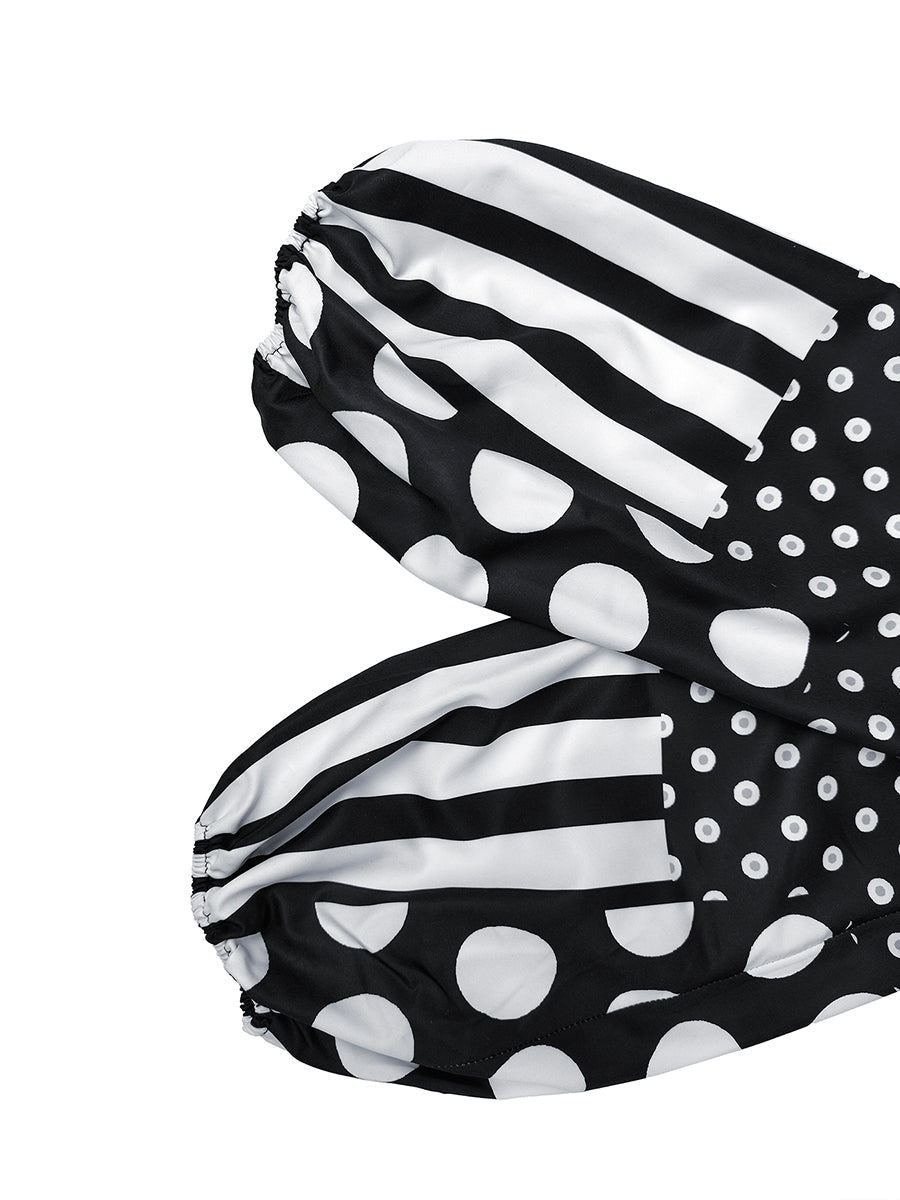 Long Sleeves Puff Sleeves Contrast Color Elasticity Polka Dot Split-Joint Striped Off-The-Shoulder Jumpsuits