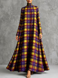 Zipper Pockets Plaid Contrast Color Big Hemline Long Sleeves A-line High-neck Maxi Dresses