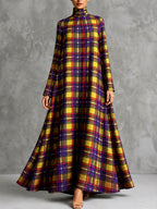 Zipper Pockets Plaid Contrast Color Big Hemline Long Sleeves A-line High-neck Maxi Dresses