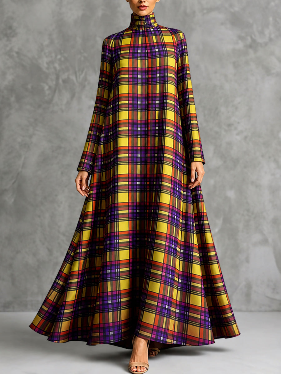 Zipper Pockets Plaid Contrast Color Big Hemline Long Sleeves A-line High-neck Maxi Dresses