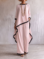 Loose Contrast Color Split-Joint Round-neck High-low Asymmetric Blouses&shirts Tops + Pockets Pants Trousers Two Pieces Set