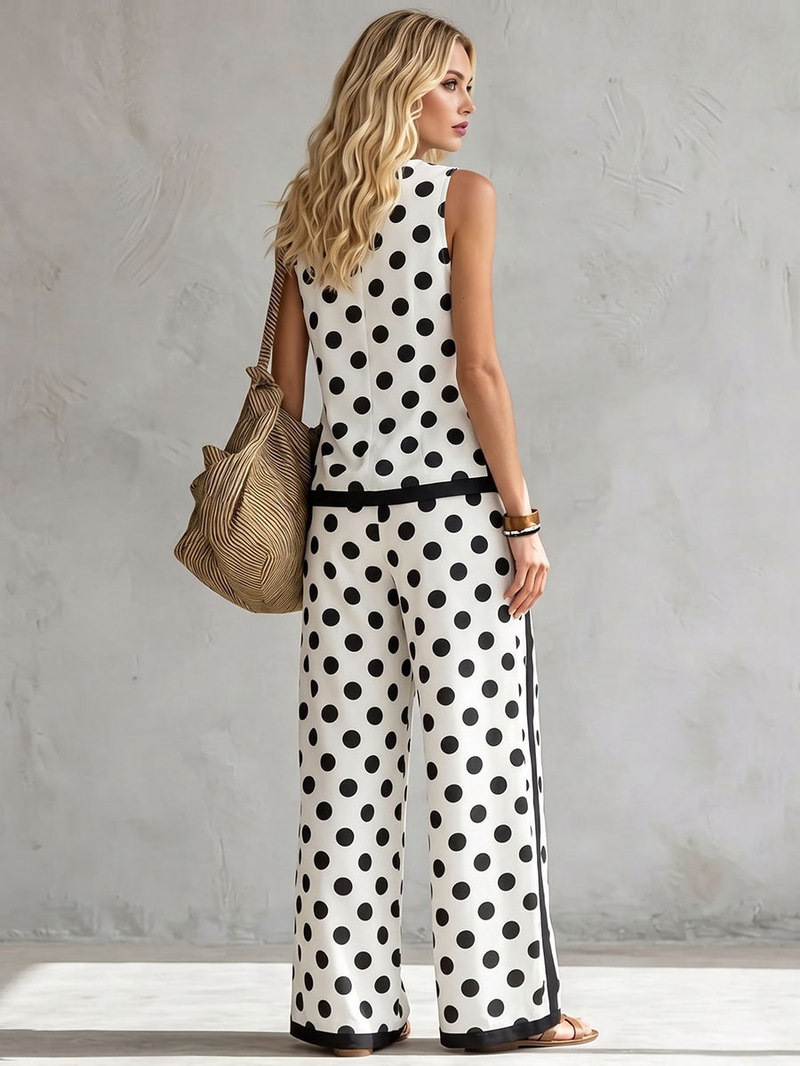 Polka Dot Contrast Color Sleeveless Round-neck Tank Top