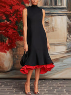 Loose Sleeveless Contrast Color Split-Joint Tiered High Neck Evening Dresses Midi Dresses