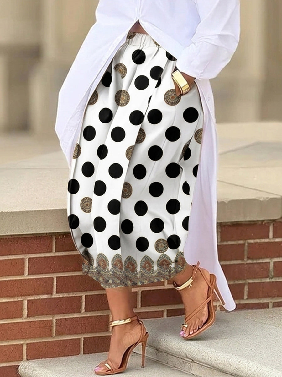 Printed Polka-Dot Pockets Elasticity Contrast Color Wide Leg High Waisted Ninth Pants
