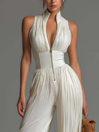 High Waisted Sleeveless Pleated Solid Color Zipper V-Neck Jumpsuits