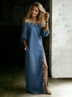 Solid Color Pockets Buttoned Three-quarter Sleeves H-line Off-the-shoulder Maxi Dresses