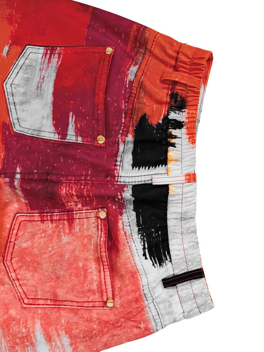 Printed Pockets Hollow Contrast Color Wide Leg High Waisted Trousers Pants