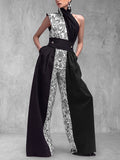 Split-Joint Pockets Pleated Flower Print Contrast Color Buttoned Wide Leg Sleeveless One-shoulder Jumpsuits