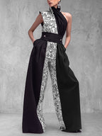 Split-Joint Pockets Pleated Flower Print Contrast Color Buttoned Wide Leg Sleeveless One-shoulder Jumpsuits