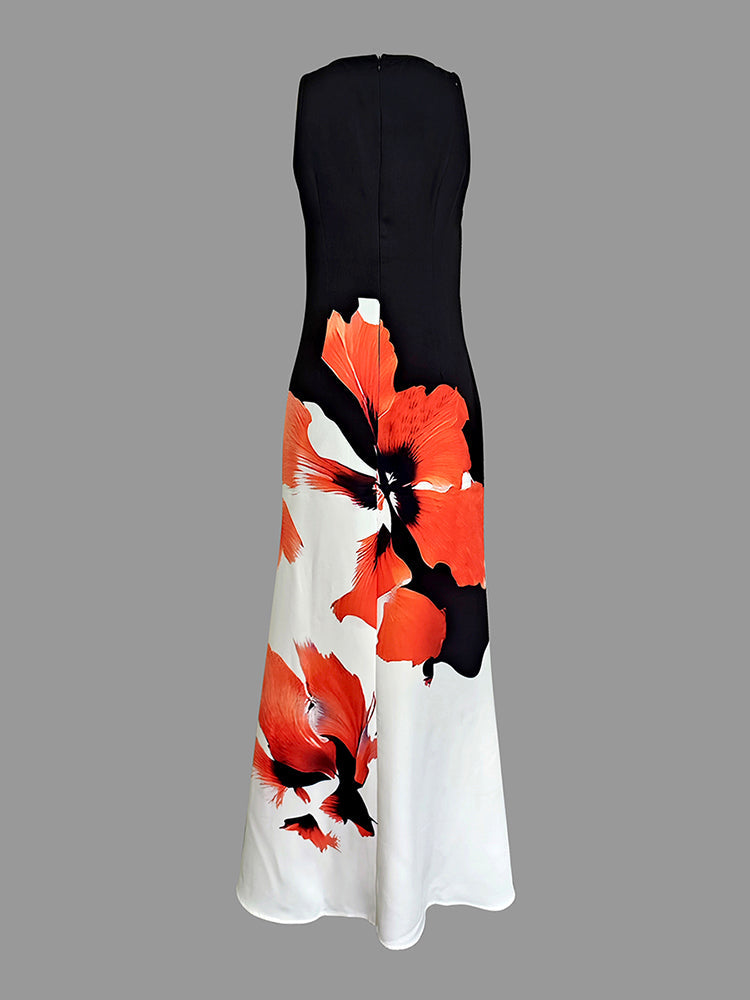 Skinny Sleeveless Flower Print Round-Neck Maxi Dresses