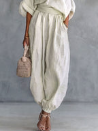 High Waisted Wide Leg Elasticity Pockets Solid Color Pants Trousers