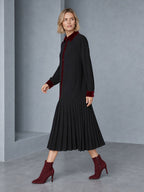 Velvet Split-Joint Pockets Pleated Contrast Color Buttoned Loose Long Sleeves Lapel Midi Dresses