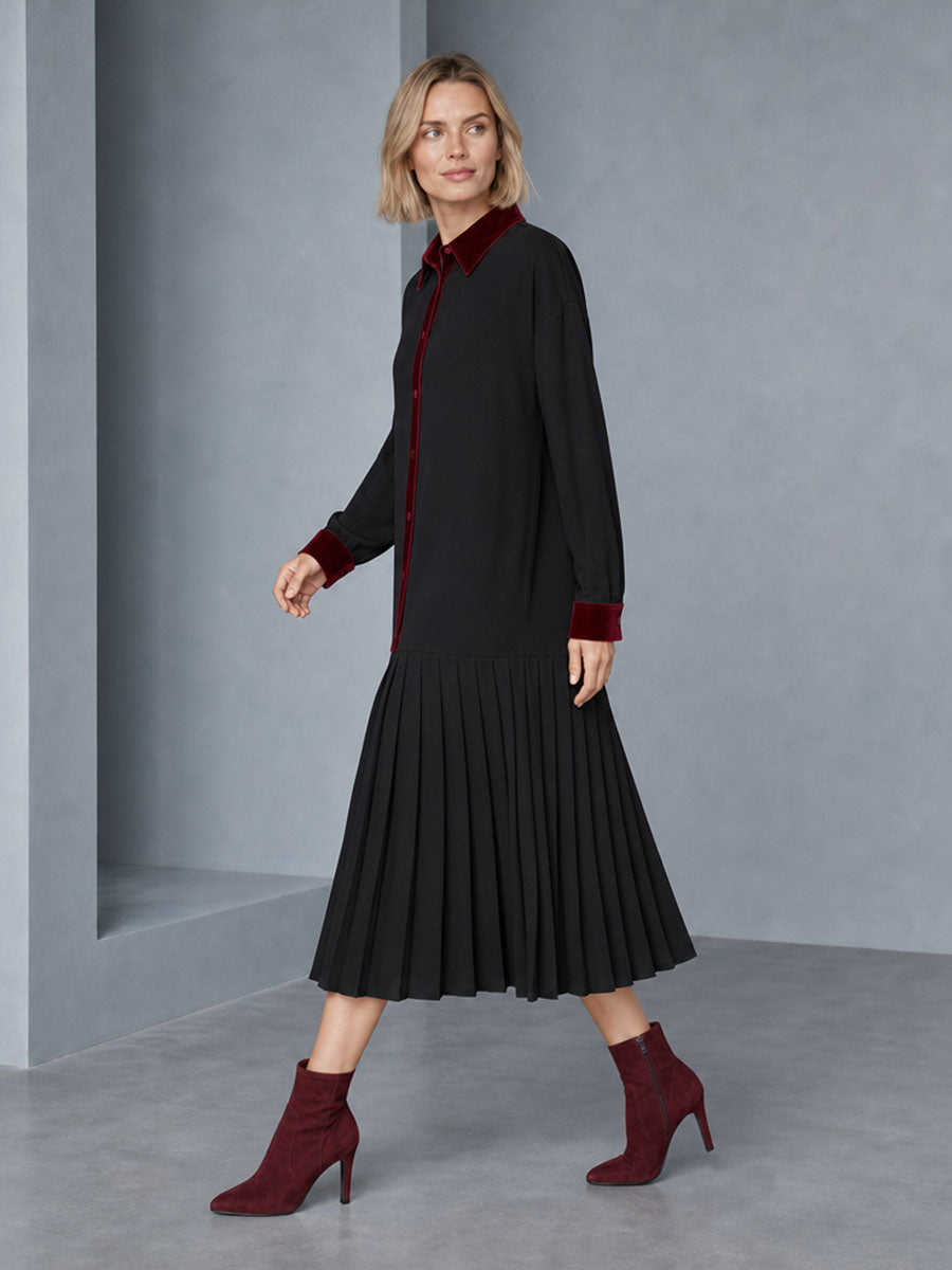 Velvet Split-Joint Pockets Pleated Contrast Color Buttoned Loose Long Sleeves Lapel Midi Dresses