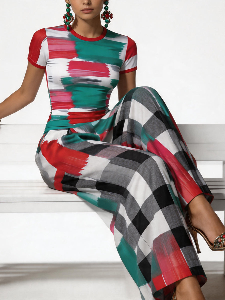 Short Sleeves Skinny Contrast Color Plaid Printed Round-Neck T-Shirts Tops