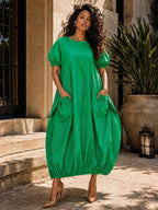 Split-Joint Solid Color Pockets Elastics Short Sleeves Bloomers Round-neck Maxi Dresses