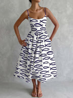 Elasticated Waist High Waisted Contrast Color Pleated Printed Split-Joint Spaghetti-Neck Midi Dresses