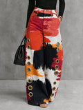 Printed Pockets Hollow Contrast Color Wide Leg High Waisted Trousers Pants