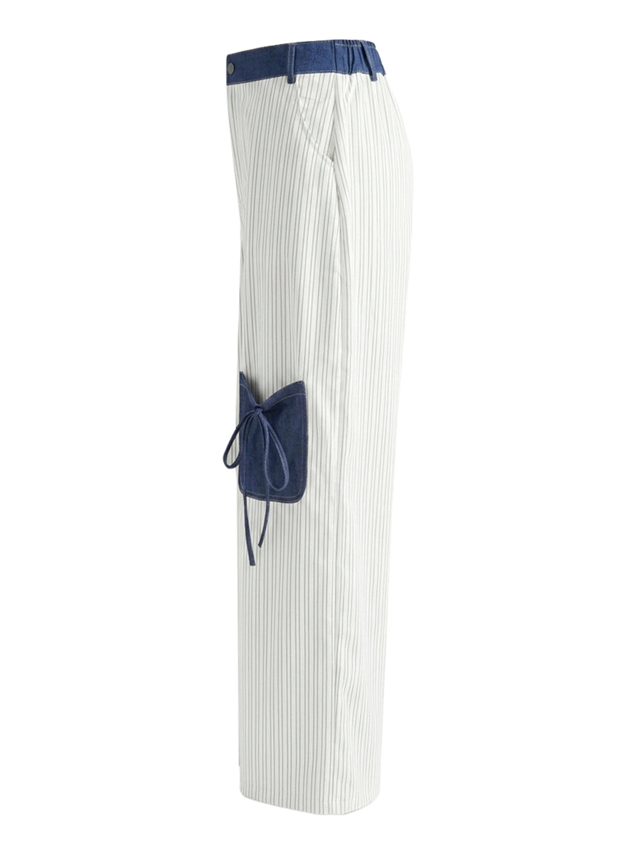 High Waisted Loose Buttoned Contrast Color Pockets Split-Joint Striped Tied Pants Trousers