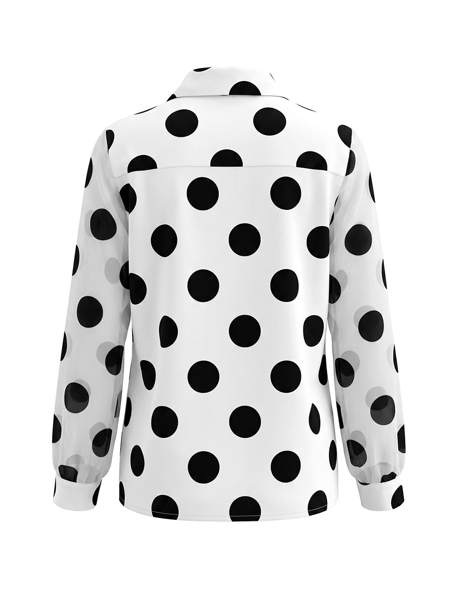 Long Sleeves Loose Buttoned Polka-Dot Printed Lapel Blouses&Shirts Tops
