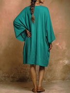 Batwing Sleeves Loose Pockets Solid Color Deep V-Neck Mini Dresses