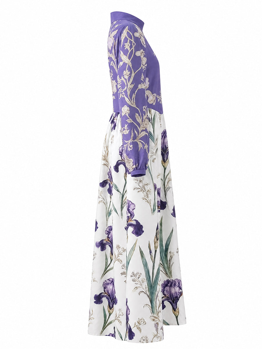 Split-Joint Ruched Pockets Flower Print Contrast Color Buttoned Loose Long Sleeves Stand Collar Maxi Dresses