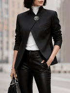 Solid Color Buttoned Asymmetric Three-quarter Sleeves Stand Collar Outerwear