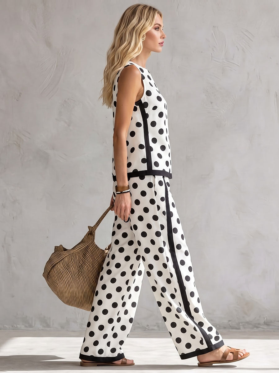 Polka Dot Contrast Color Sleeveless Round-neck Tank Top