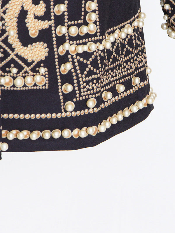 Long Sleeves Loose Beads Printed V-Neck Blazer Outerwear(Size is larger than normal.)